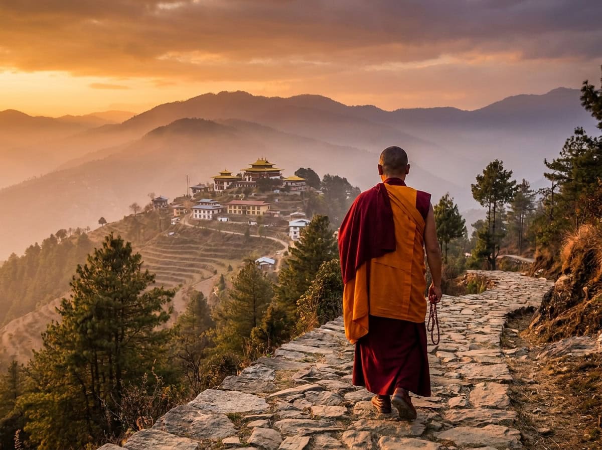 Monje tibetano de espaldas caminando hacia montañas y monasterio al atardecer, tonos cálidos naranja y dorado