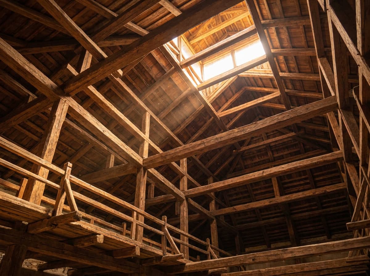 Interior de templo o monasterio con vigas de madera y luz entrando por claraboya, vista hacia arriba