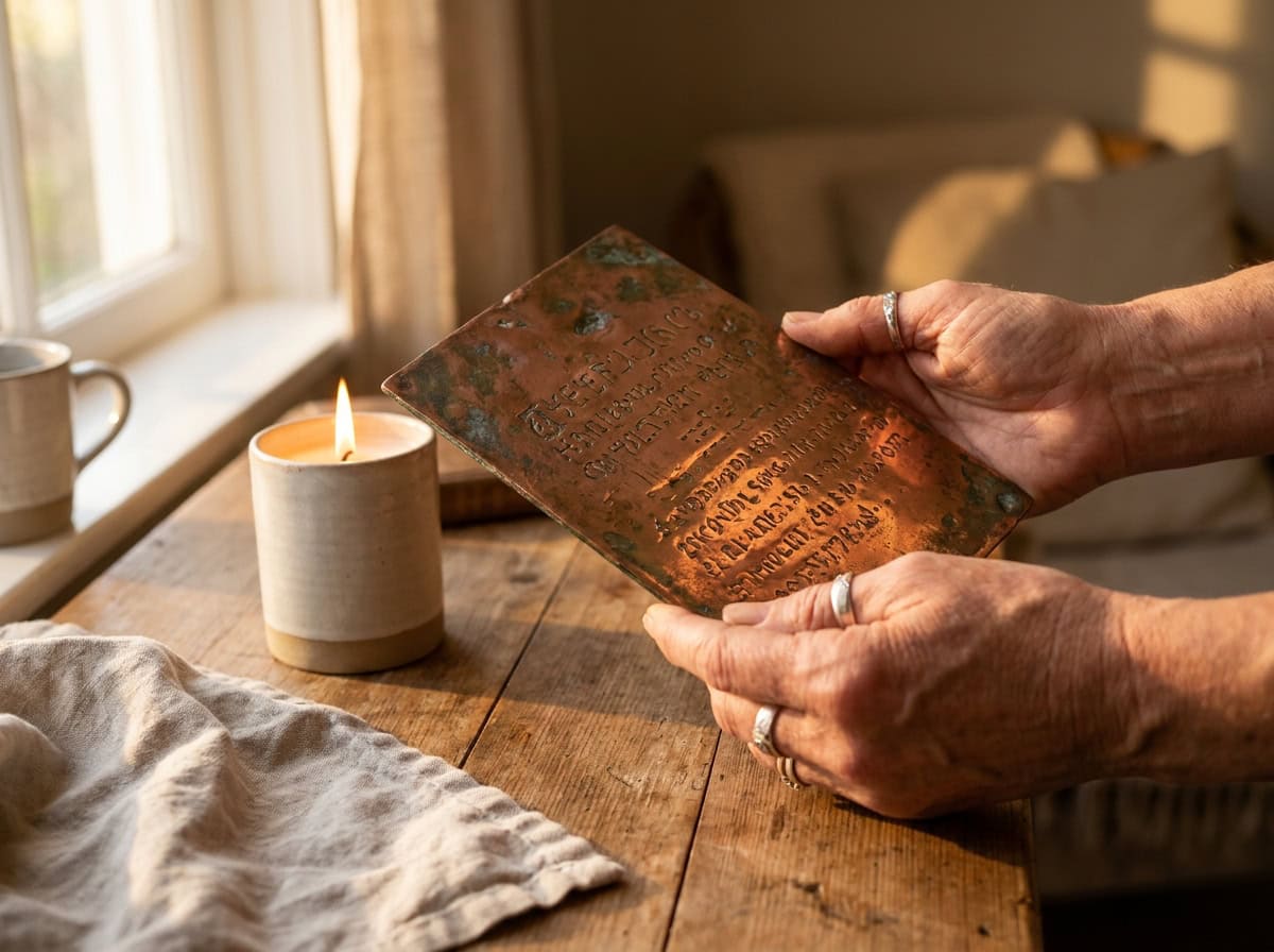 Placa de cobre antigua con rituales grabados aún sin traducir, símbolos descoloridos