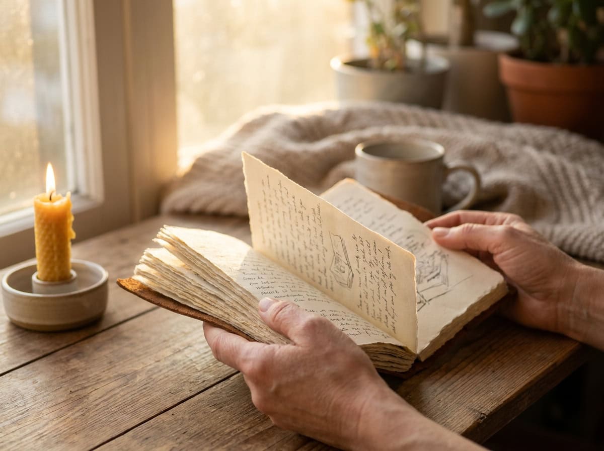 Guía abierta con los rituales ya traducidos a español, páginas cálidas con detalles dorados