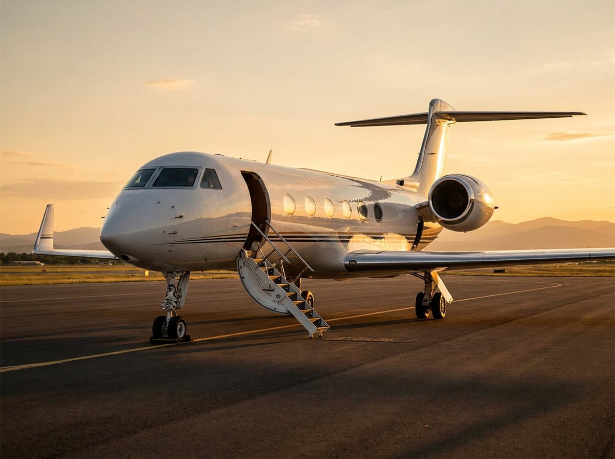 Jet privado estacionado en pista de aeropuerto, tonos cálidos, luz de atardecer