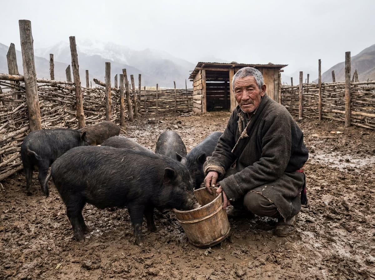 Cerdo recostado en el lodo, mirando de frente a cámara, orejas rosadas, estilo documental rústico