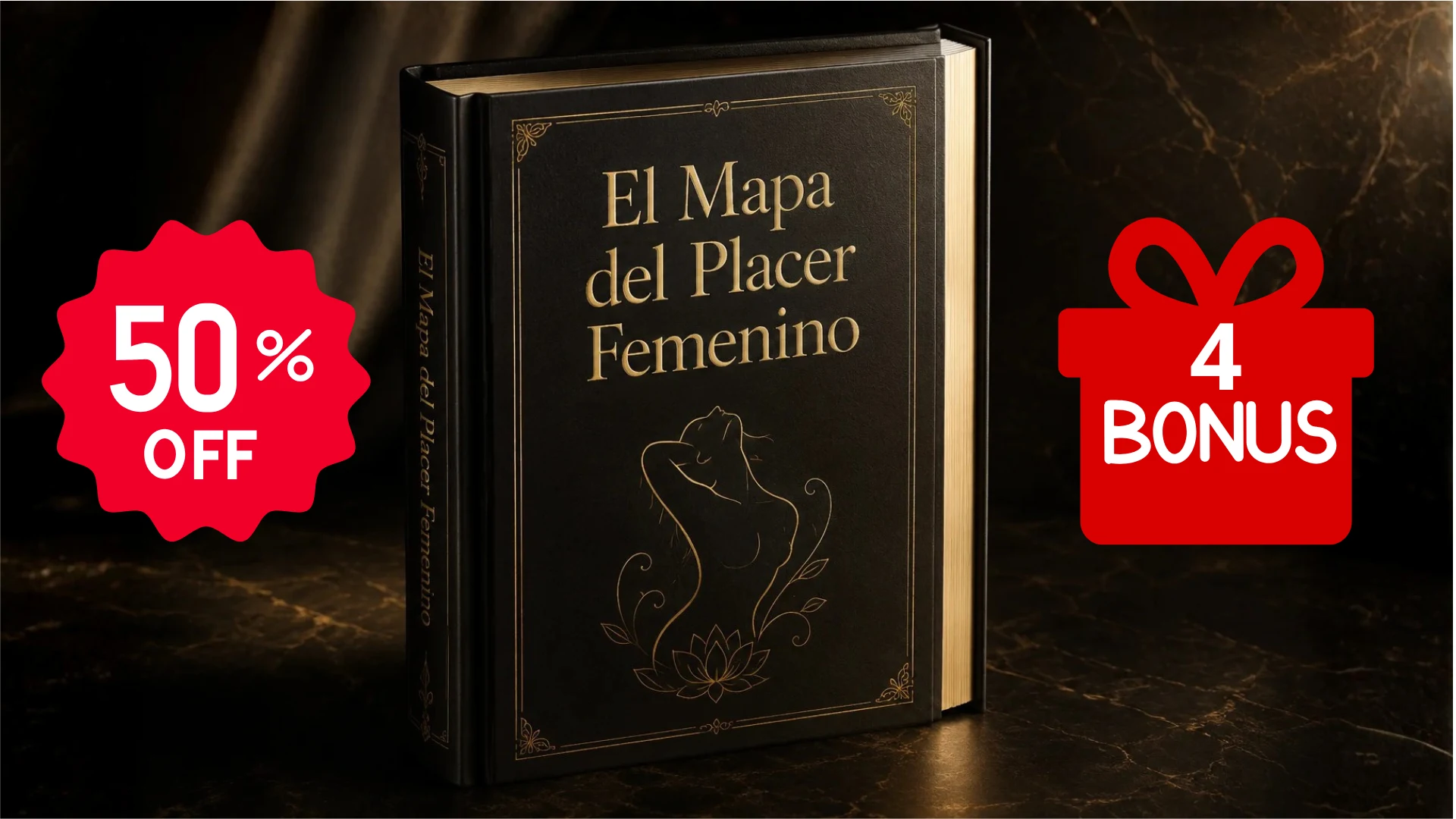 Mockup del ebook El Mapa del Placer Femenino sobre fondo elegante oscuro con acentos dorados