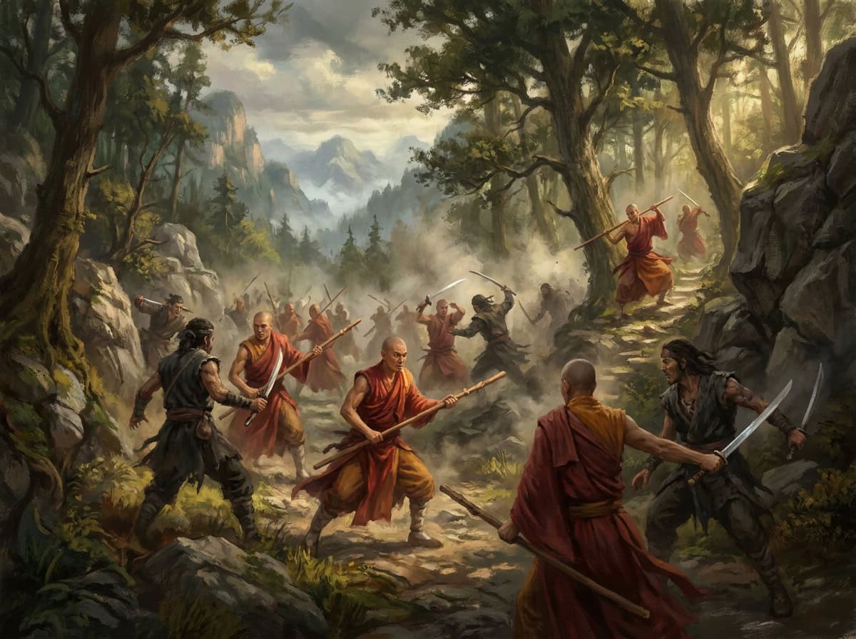 Ilustración estilo pintura histórica de batalla entre bandidos y guerreros monje en sendero de montaña boscoso