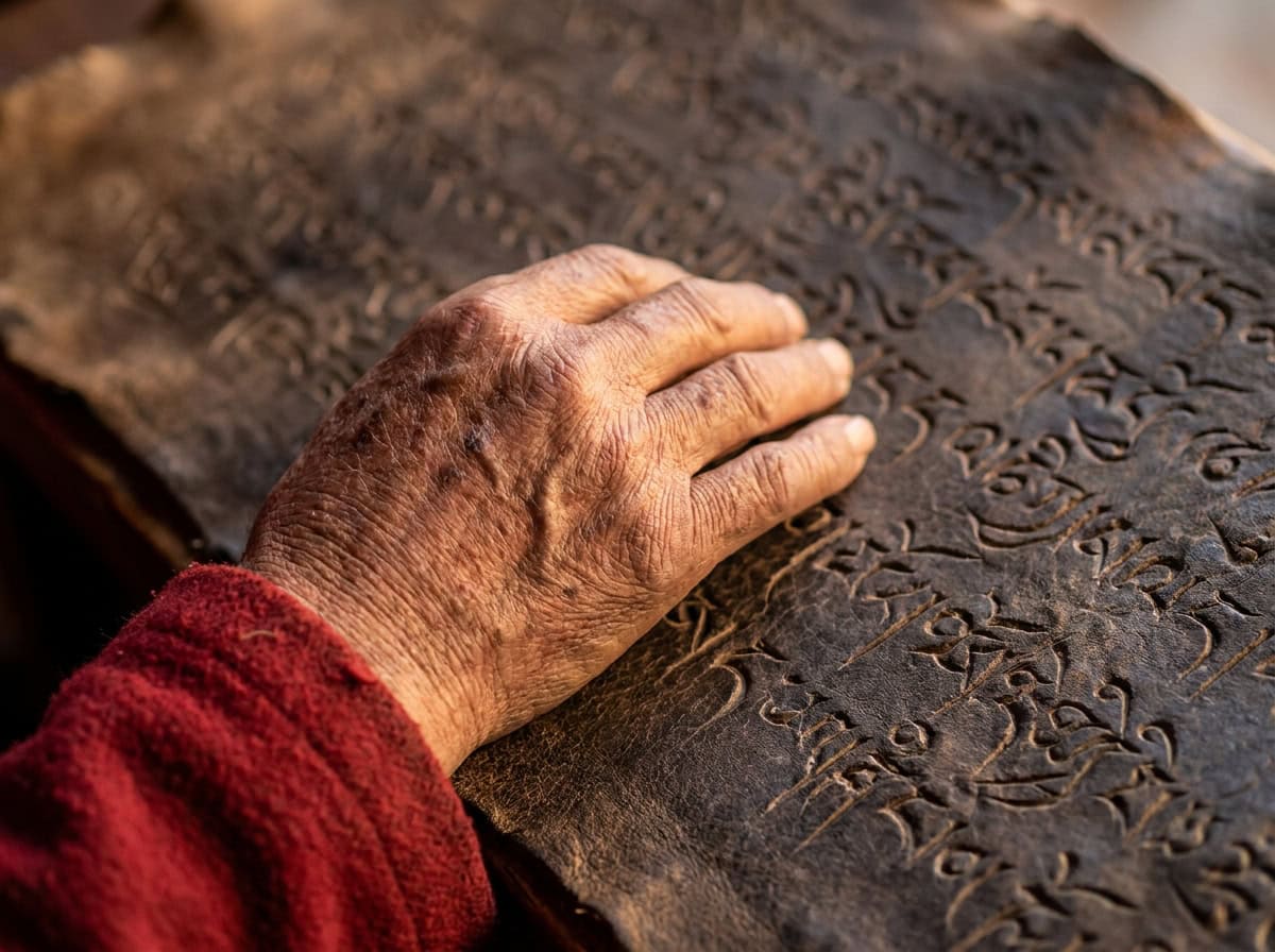 Mano de anciano monje tocando texto antiguo grabado en corteza o cuero, primer plano, tonos cálidos