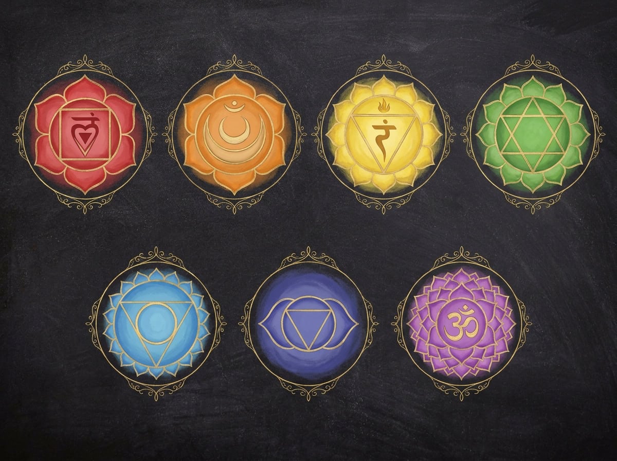 Ilustración de los siete chakras en colores, iconografía espiritual sobre fondo oscuro tipo pizarra