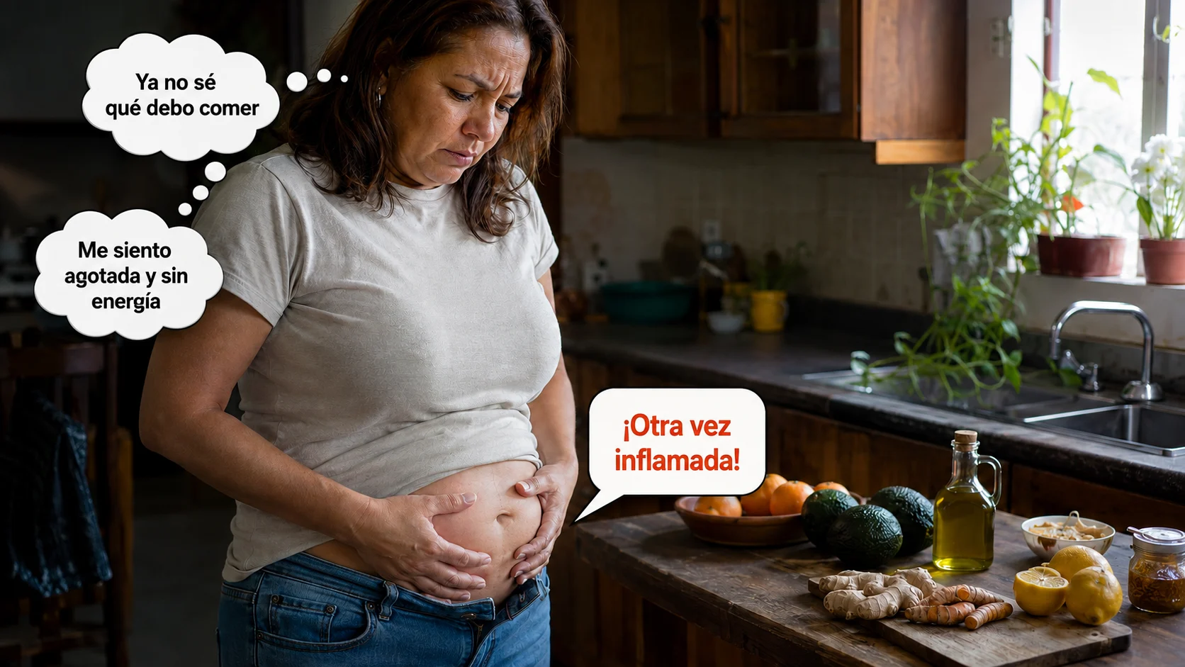Portada del libro Recetas que no inflaman junto a un celular mostrando la app, sobre mesa de madera con plantas y tomates