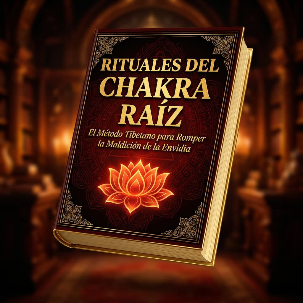 Portada del ebook Rituales del Chakra Raíz, diseño dorado y tinto con motivos tibetanos