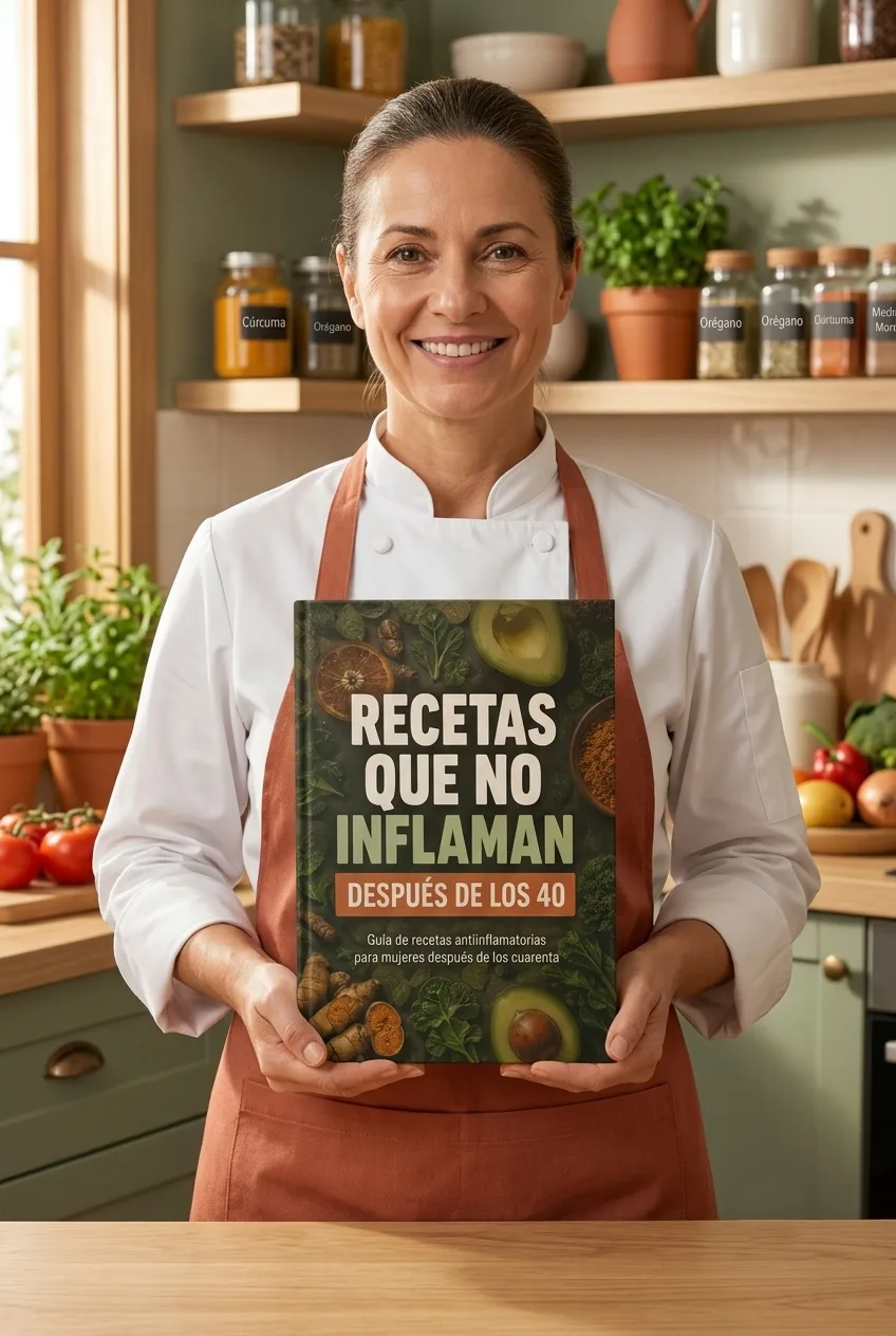 Mujer sonriente con uniforme de chef sosteniendo el libro Recetas que no inflaman en una cocina con frascos de especias, plantas y tomates