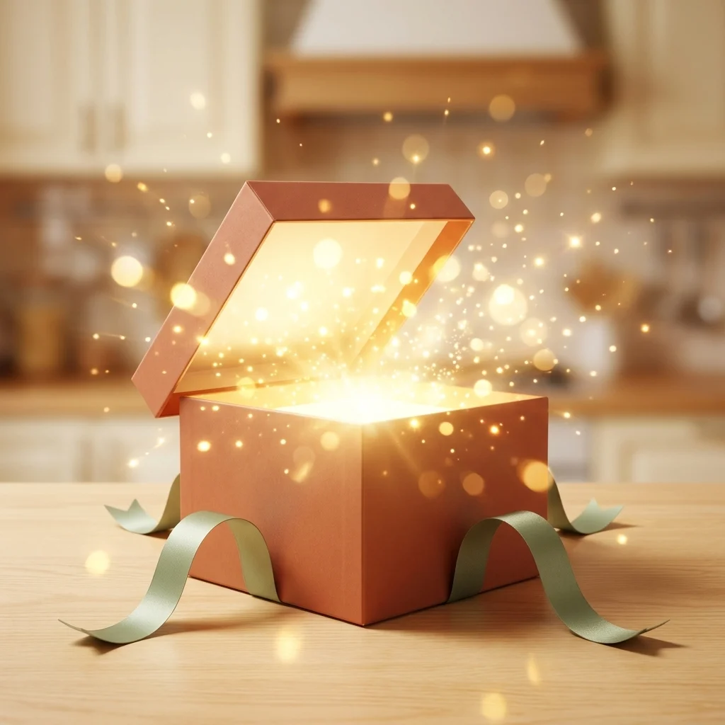 Pequeña caja de regalo envuelta con moño dorado sobre fondo oscuro