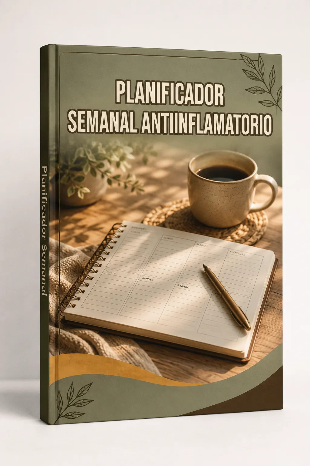 Portada del Planificador Semanal Antiinflamatorio con cuaderno, taza de café y lapicero