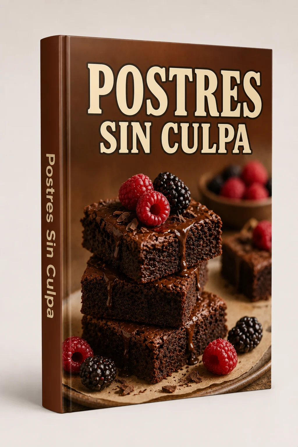 Portada del libro Postres Sin Culpa con brownies y frutos rojos