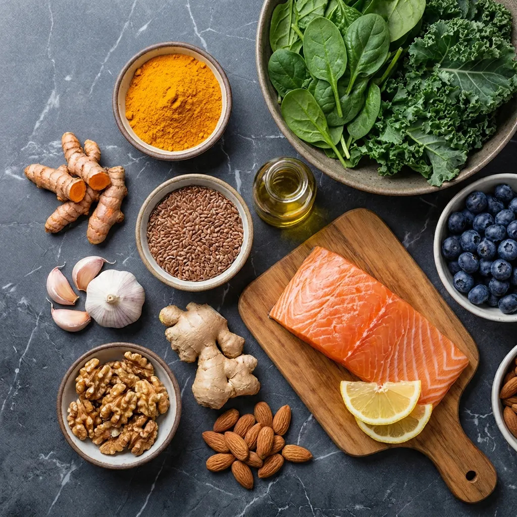 Selección de ingredientes antiinflamatorios: pescado, frutos secos, vegetales y frutas sobre mesa