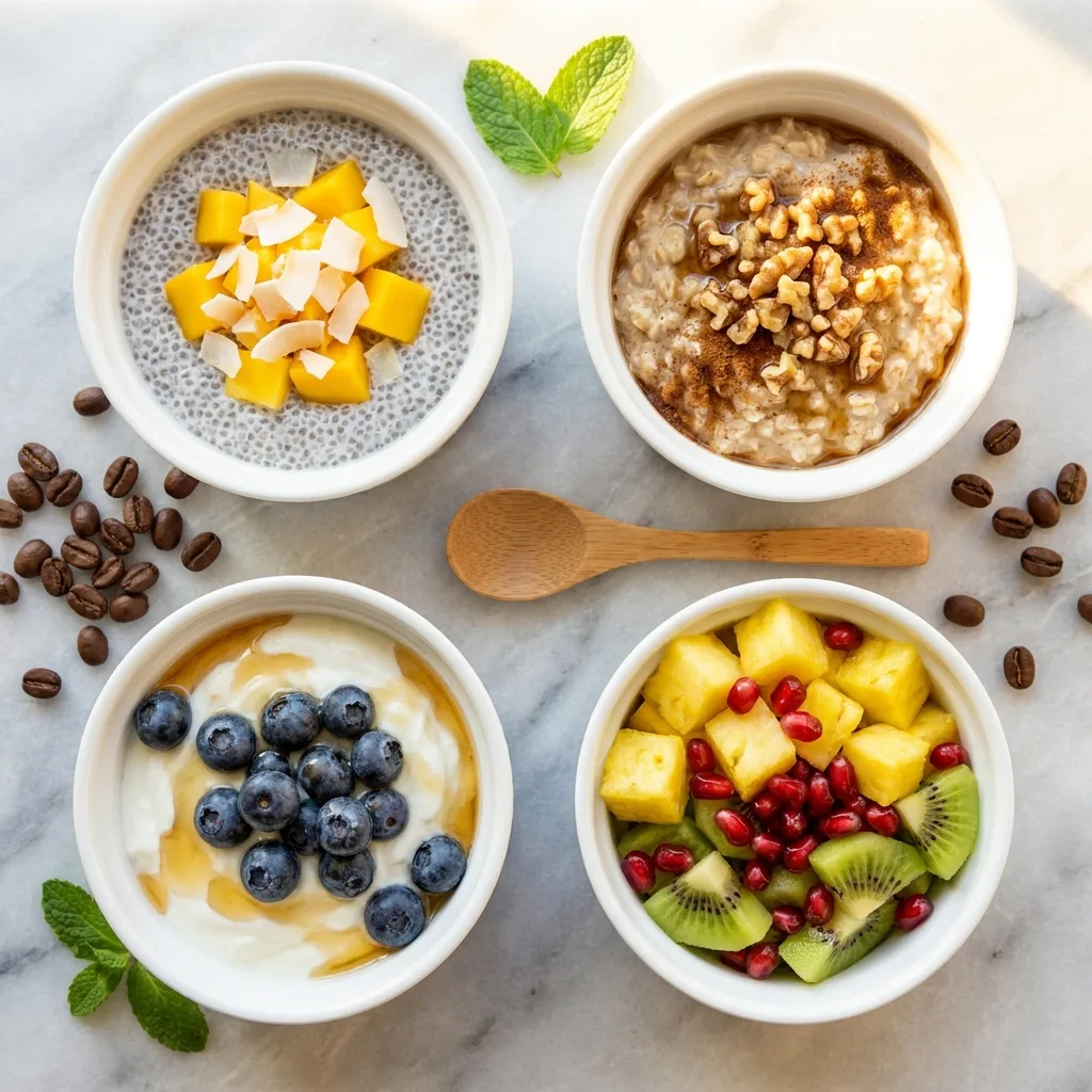 Bowls de desayuno con granola, fresas, arándanos y mango, vista superior
