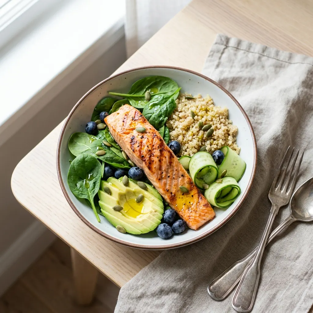 Bowl con pollo, aguacate, tomates cherry y quinoa, vista superior