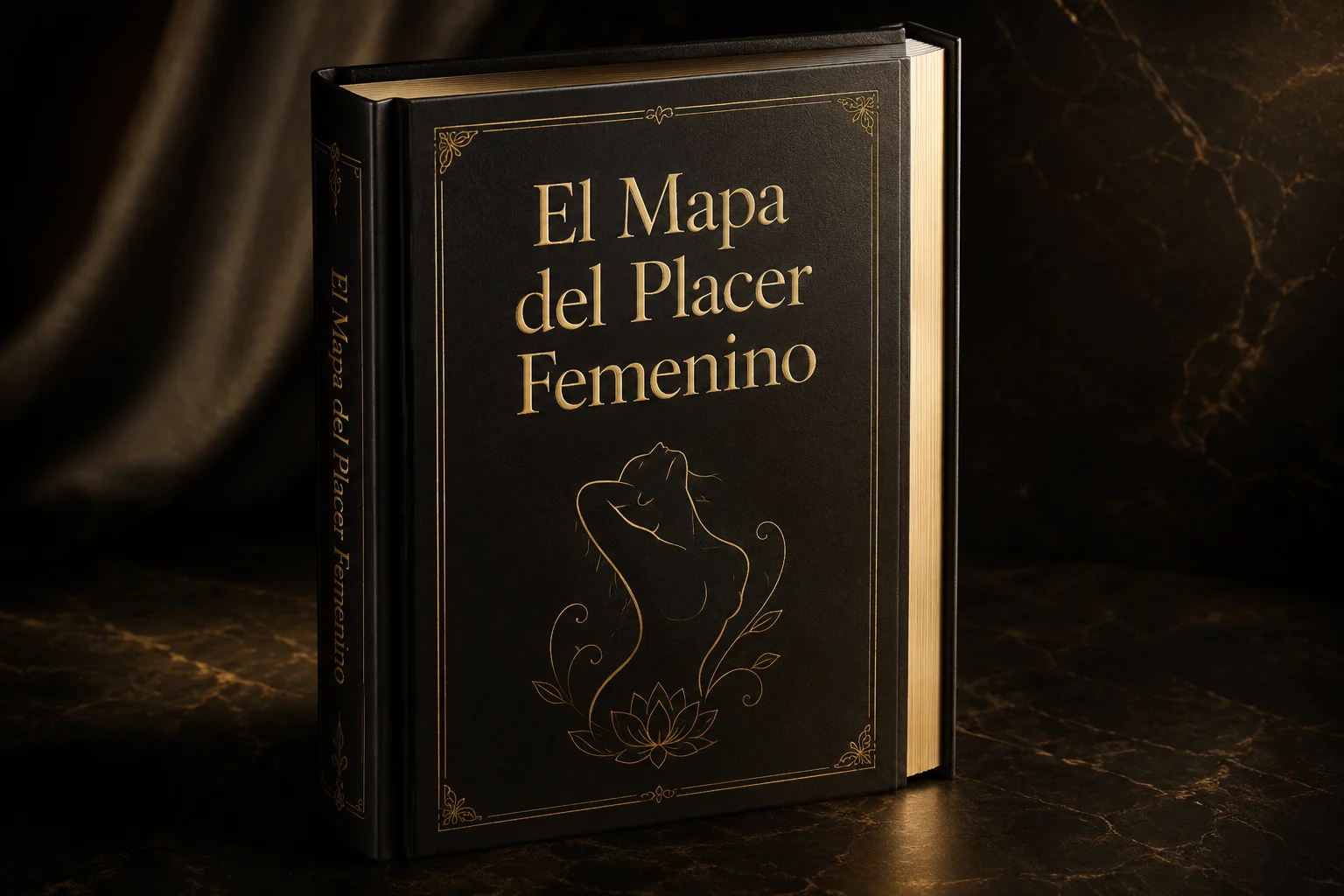 Mockup do ebook O Mapa do Prazer Feminino sobre fundo elegante escuro com detalhes dourados