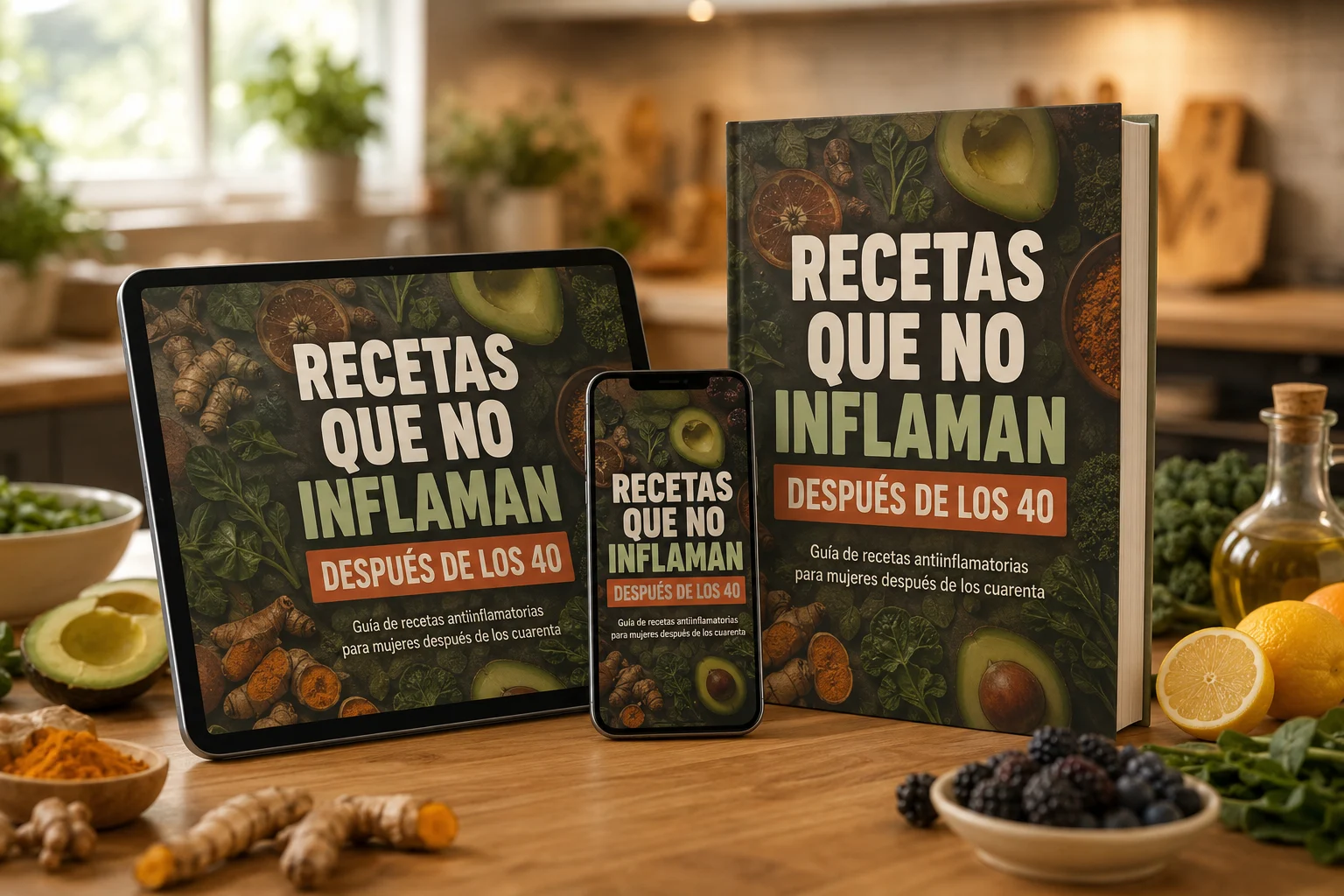 Portada del libro Recetas que no inflaman junto a celular mostrando la app, sobre mesa de madera