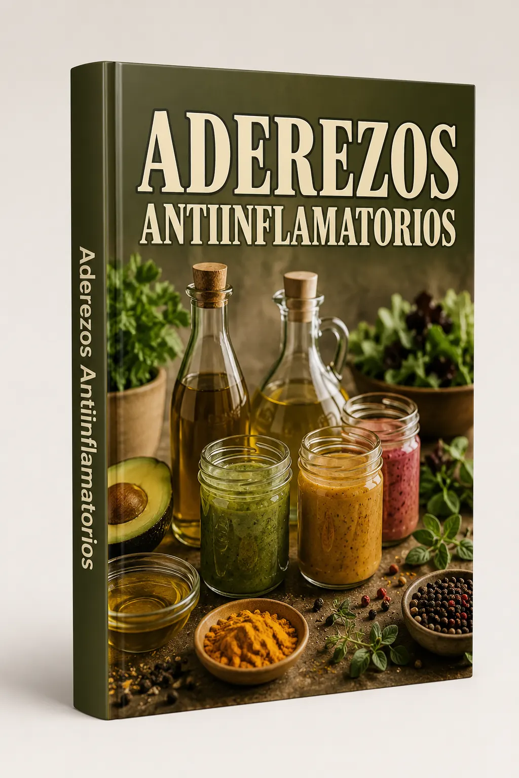 Portada del libro Aderezos Antiinflamatorios con frascos de aceites, vinagretas y especias