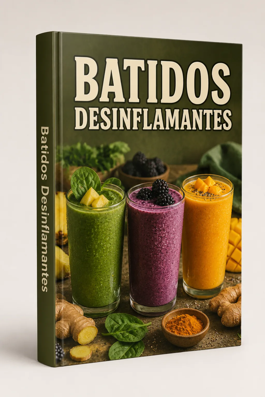Portada del libro Batidos Desinflamantes con batidos de colores en vasos