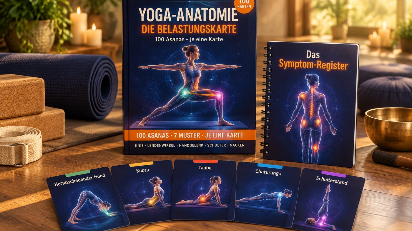 Karteikasten aus Buchenholz mit farbigen Reitern auf einer Korkmatte im Yogastudio